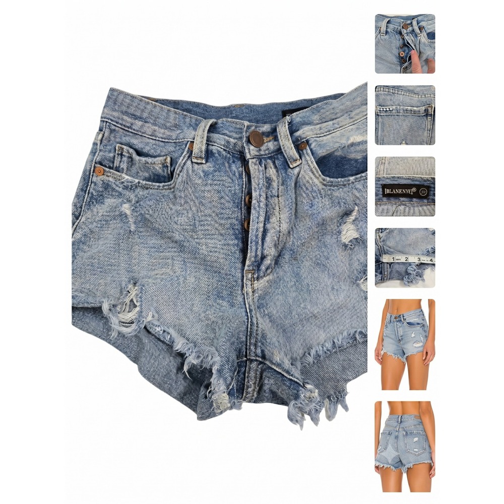 LANKNYC Denim Shorts Womens 25 Blue Distressed Thrashed Button Fly Cutoff Barrow